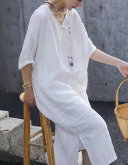 Embroidered Loose V-neck White Linen Dress