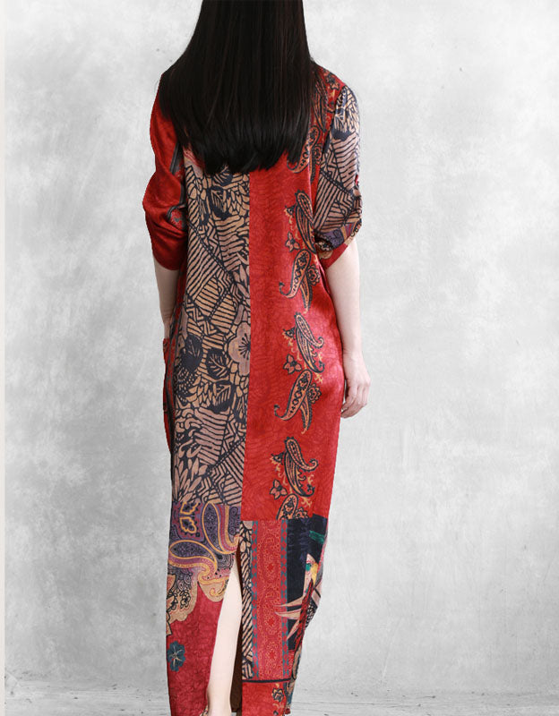 Mid-sleeve Loose Cross-body Vintage Silk Long Dress