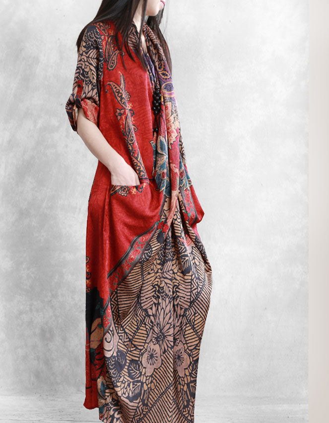 Mid-sleeve Loose Cross-body Vintage Silk Long Dress