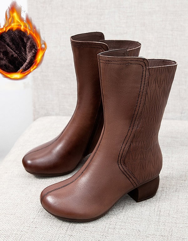 Handmade Retro Chunky Heel Mid-calf Boots