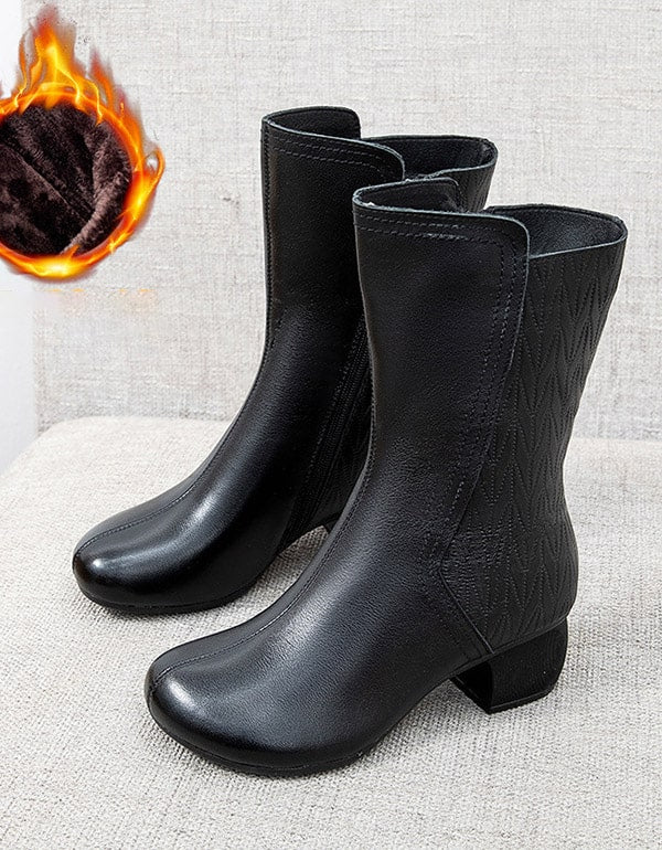 Handmade Retro Chunky Heel Mid-calf Boots