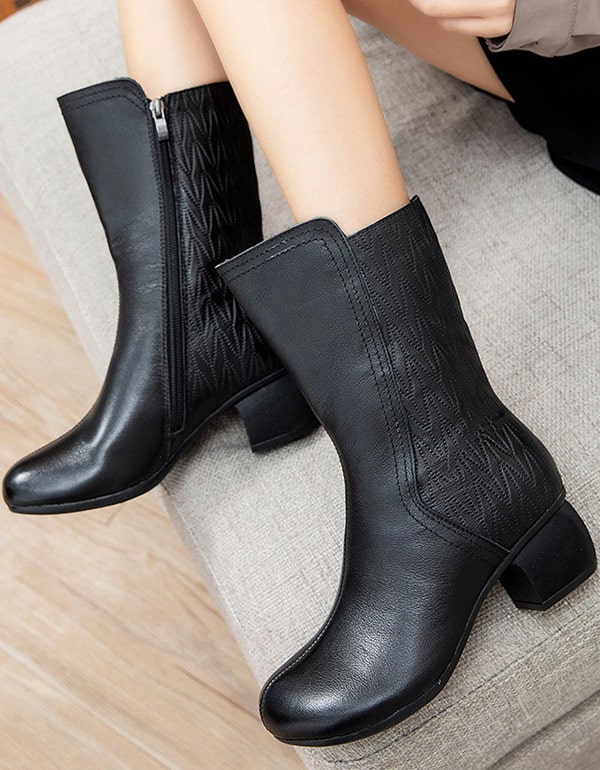 Handmade Retro Chunky Heel Mid-calf Boots