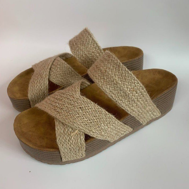 Women's Size Leisure Flat Platform Cross Woven Sandals