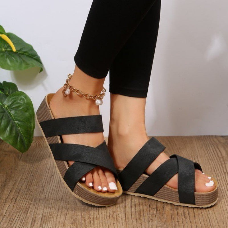 Women's Size Leisure Flat Platform Cross Woven Sandals