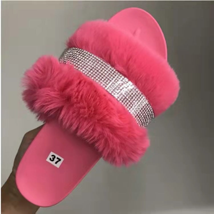 Women's Mid Muffin Platform Rhinestone Fluffy Plus Slippers