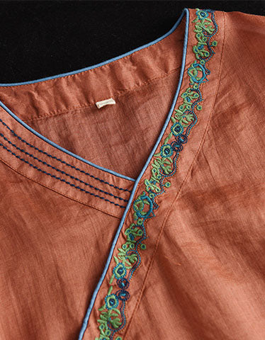 Oriental Style Embroidery Ramie V-neck Shirt