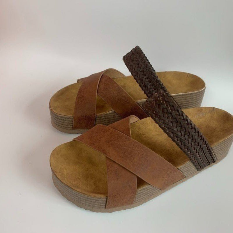 Women's Size Leisure Flat Platform Cross Woven Sandals