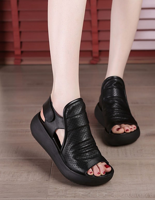 Retro Leather Summer Wedge Heel Sandals