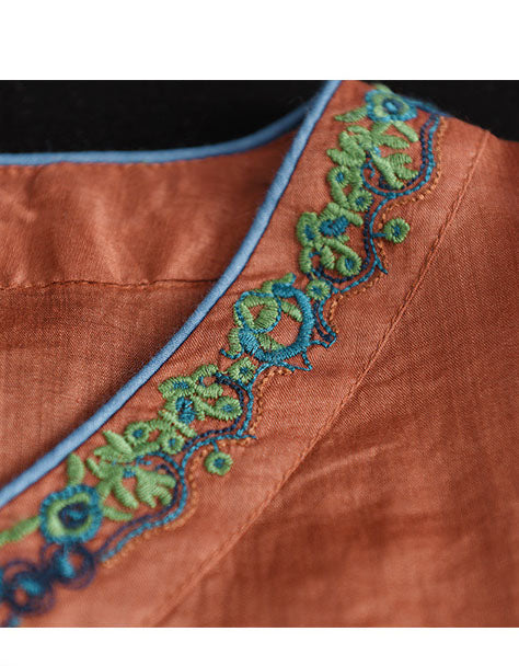 Oriental Style Embroidery Ramie V-neck Shirt