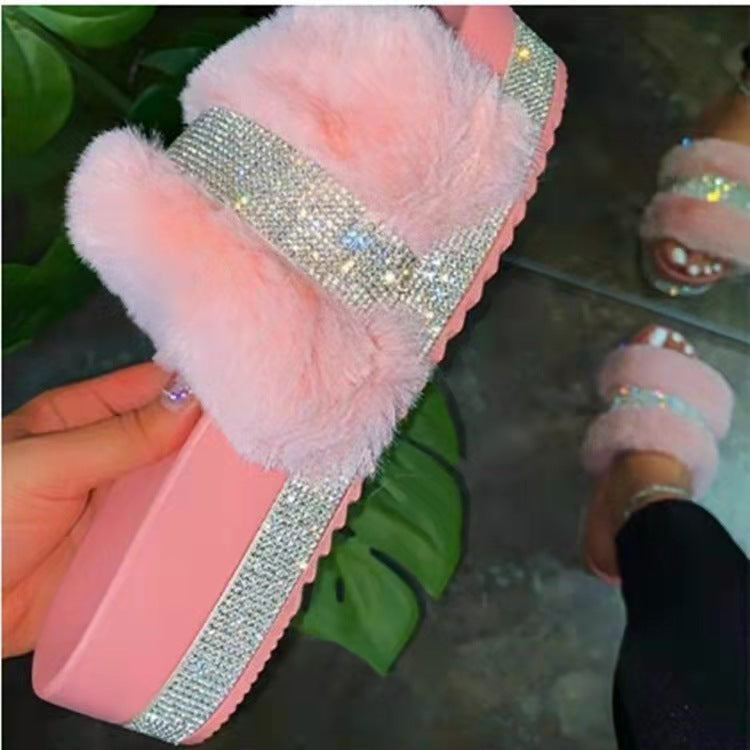 Women's Mid Muffin Platform Rhinestone Fluffy Plus Slippers