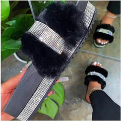 Women's Mid Muffin Platform Rhinestone Fluffy Plus Slippers