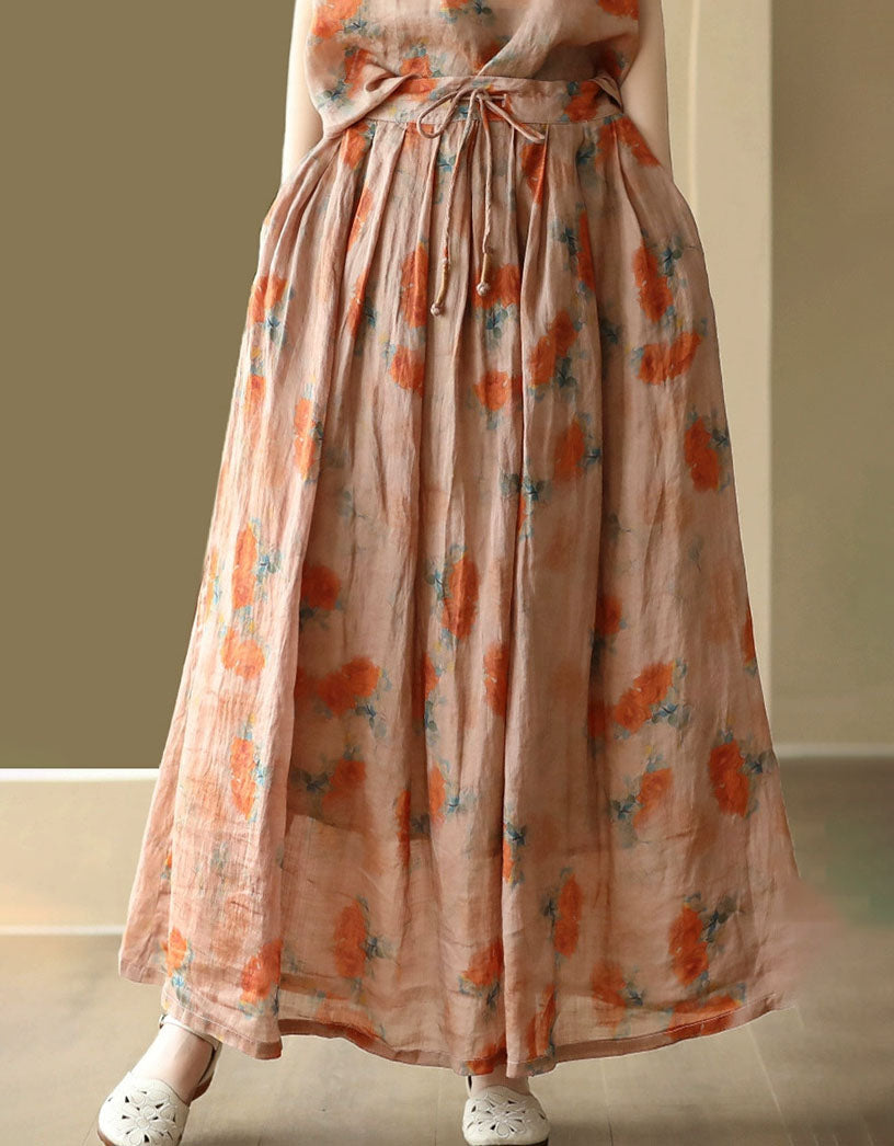 Women's Summer Floral Loose Linen Skirt