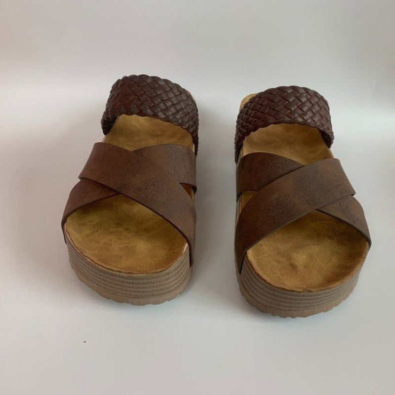 Women's Size Leisure Flat Platform Cross Woven Sandals