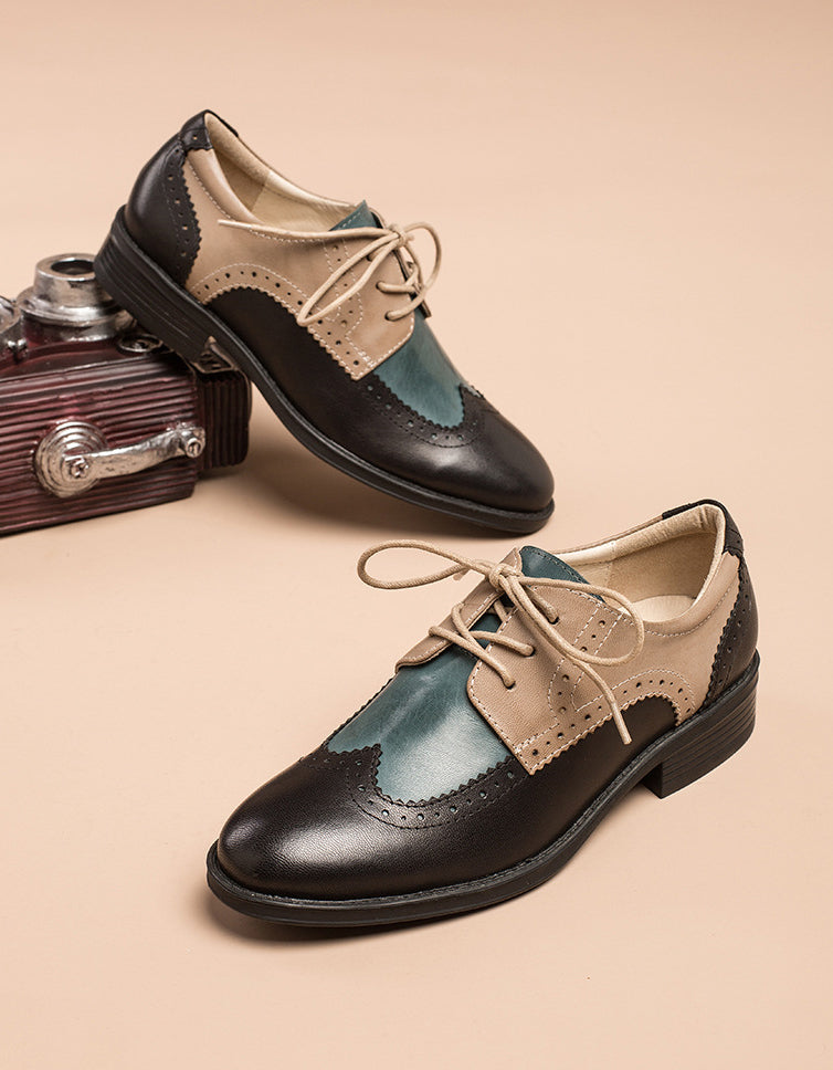 Handmade Three Tone Lace-up British Oxford Shoes Women 35-41