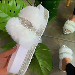 Women's Mid Muffin Platform Rhinestone Fluffy Plus Slippers