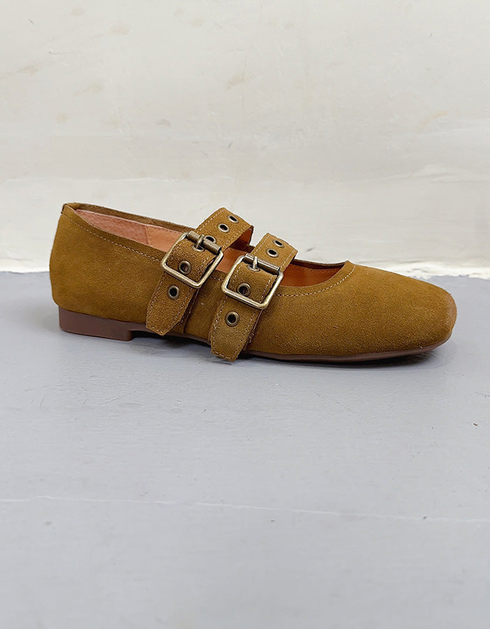 Suede Square Toe Double Buckles Mary Jane Shoes