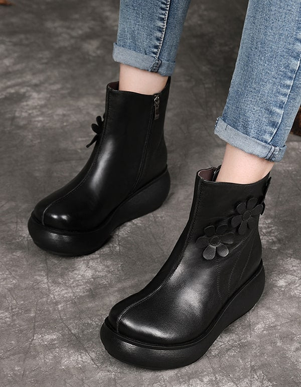 OBIONO Flower Retro Leather Wedge Ankle Boots