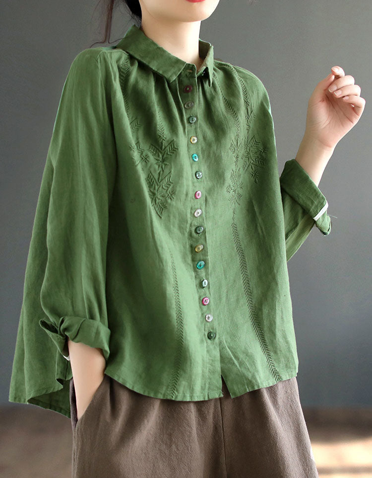 Oriental Style Embroidery Loose Linen Shirt