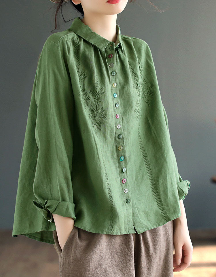 Oriental Style Embroidery Loose Linen Shirt