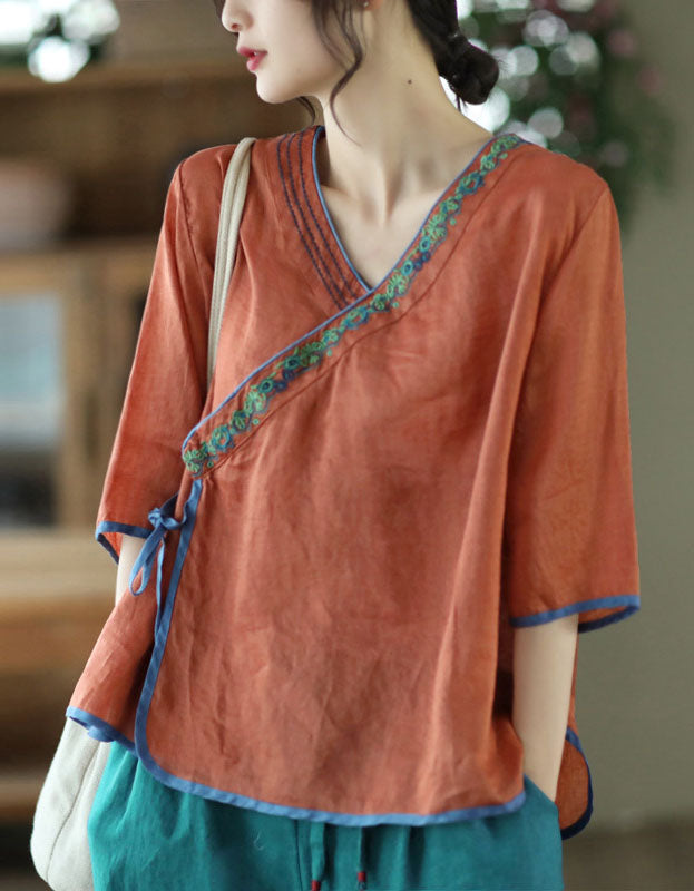 Oriental Style Embroidery Ramie V-neck Shirt