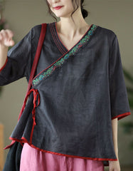 Oriental Style Embroidery Ramie V-neck Shirt