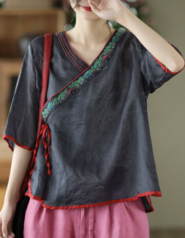 Oriental Style Embroidery Ramie V-neck Shirt