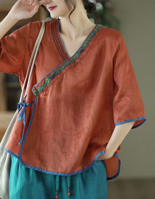 Oriental Style Embroidery Ramie V-neck Shirt