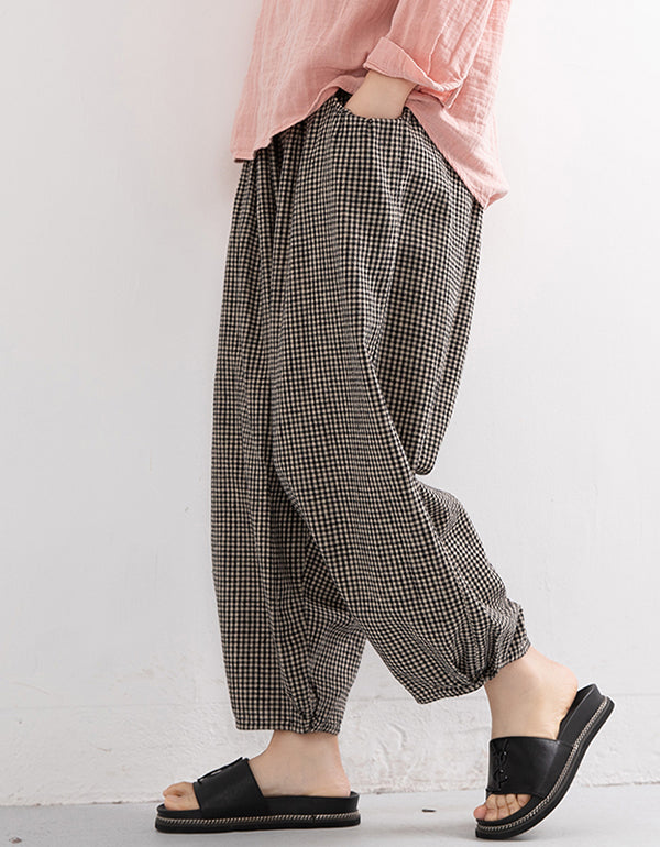 Plaid Wide-Leg Linen Cropped Pants