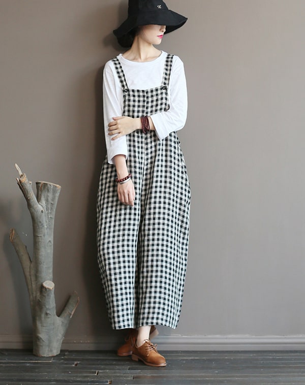 Loose Linen Wide Leg Plus Size Plaid Jumpsuit