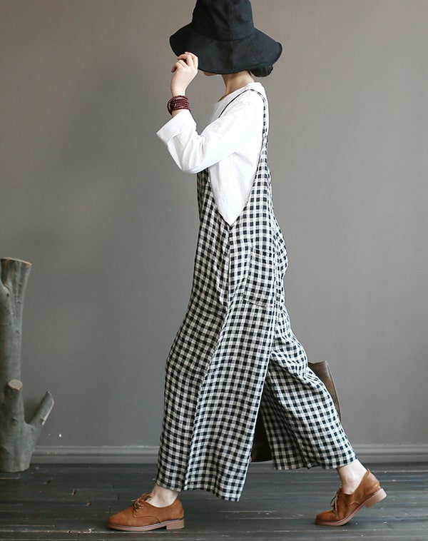 Loose Linen Wide Leg Plus Size Plaid Jumpsuit