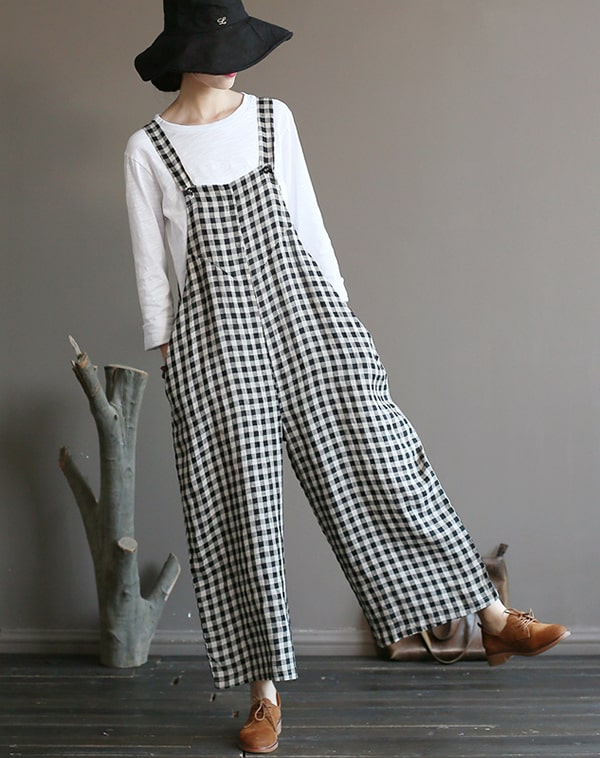 Loose Linen Wide Leg Plus Size Plaid Jumpsuit