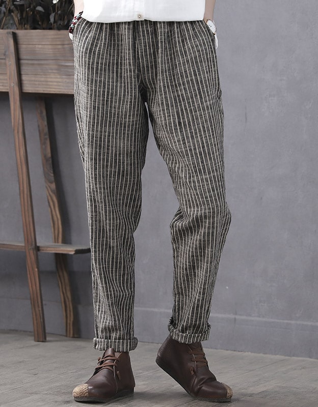 Plus Size Stripe Cotton Linen Women Pants