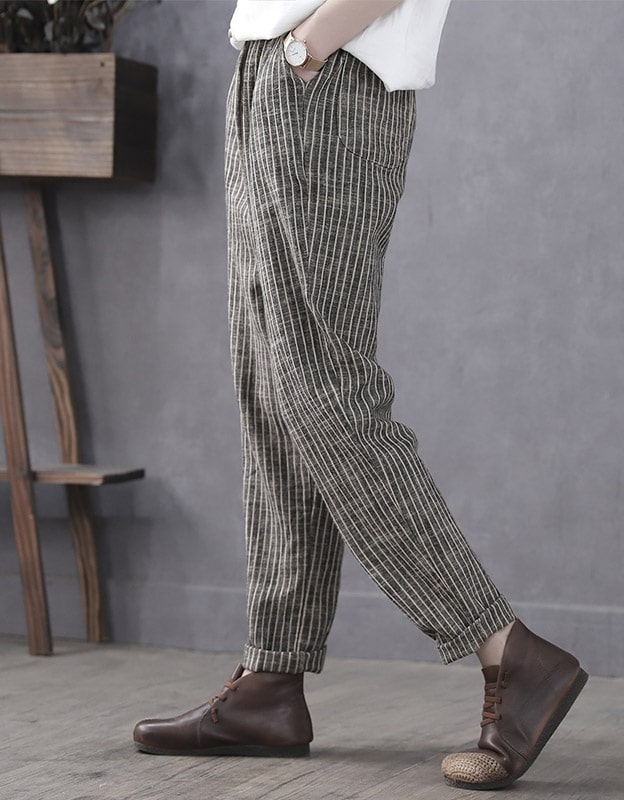 Plus Size Stripe Cotton Linen Women Pants