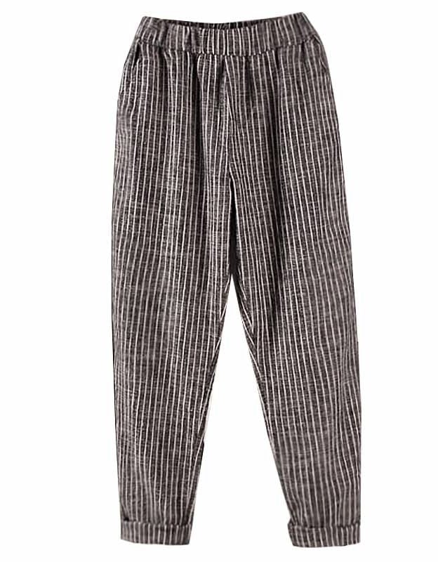 Plus Size Stripe Cotton Linen Women Pants