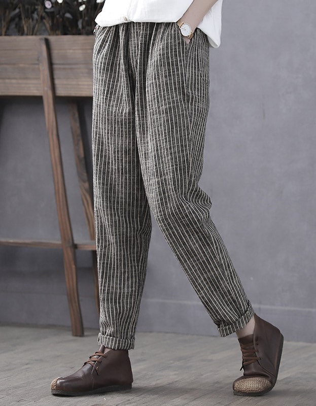 Plus Size Stripe Cotton Linen Women Pants