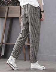 Plus Size Stripe Cotton Linen Women Pants