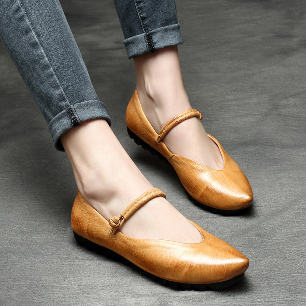 Handmade Pointed Toe Buckle Strap Retro Flats