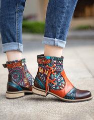 Printed Leather Jacquard Tassel Ankle Boots 36-42