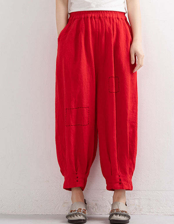 Embroidered Pure Linen Lantern Pants