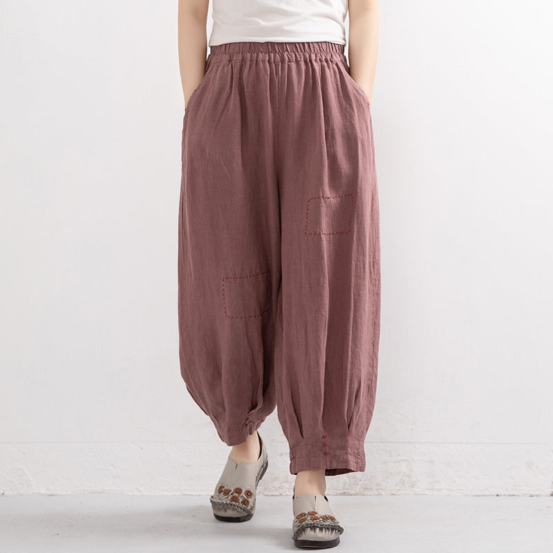 Embroidered Pure Linen Lantern Pants