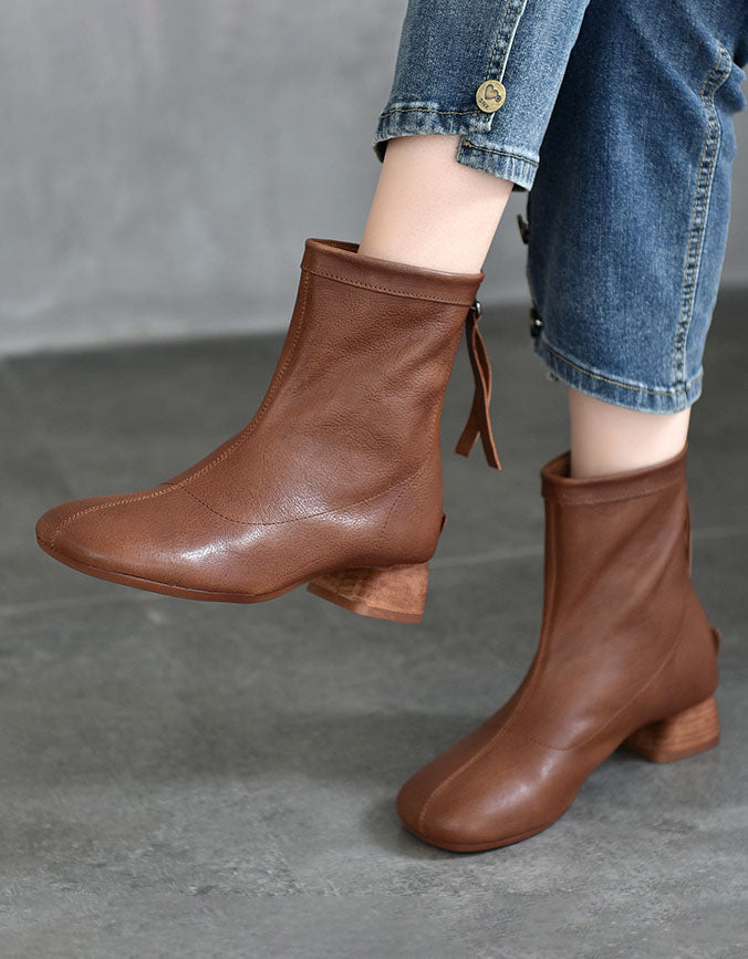 Real Leather Back Zipper Fashion Chunky Heel Boots