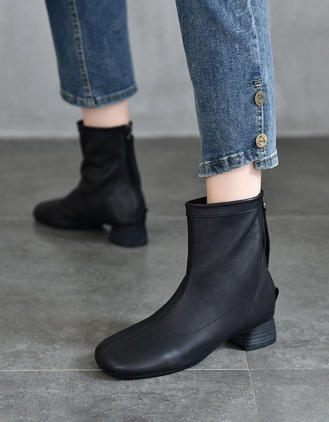 Real Leather Back Zipper Fashion Chunky Heel Boots