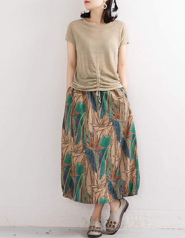 Retro Cotton Linen Printed Summer Skirt