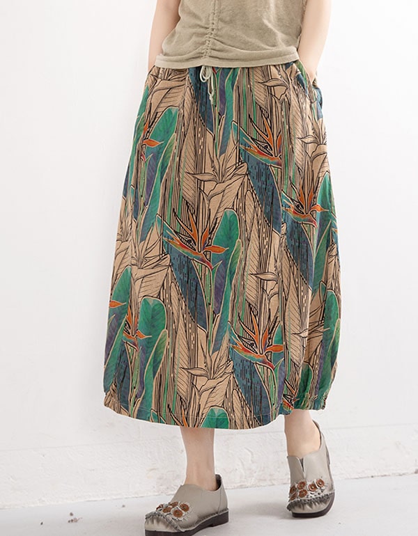 Retro Cotton Linen Printed Summer Skirt