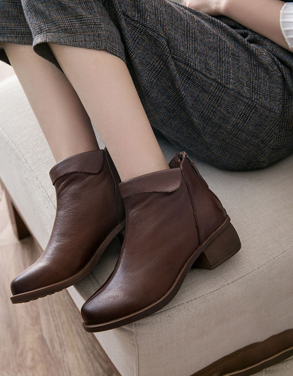 Retro Leather Chunky Heel Women's Boots