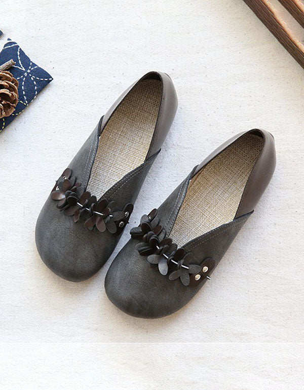 Retro Leather Flower Comfortable Flats