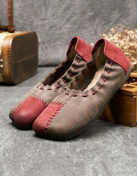 Retro Leather Handmade Patch Flat Shoes