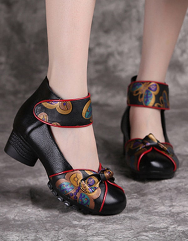 Retro Leather Handmade Printed Chunky Heels