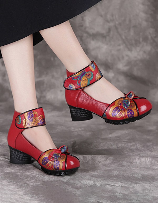 Retro Leather Handmade Printed Chunky Heels