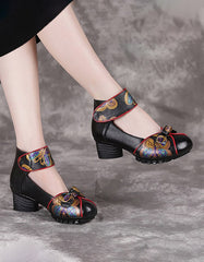 Retro Leather Handmade Printed Chunky Heels